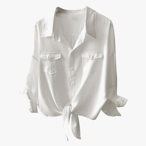 White Lycocell Flowy Button Down Tie Front Shirt